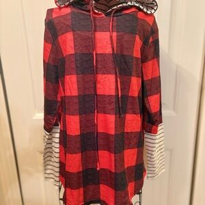 Red and Black Plaid Hoodie with Striped Sleeves